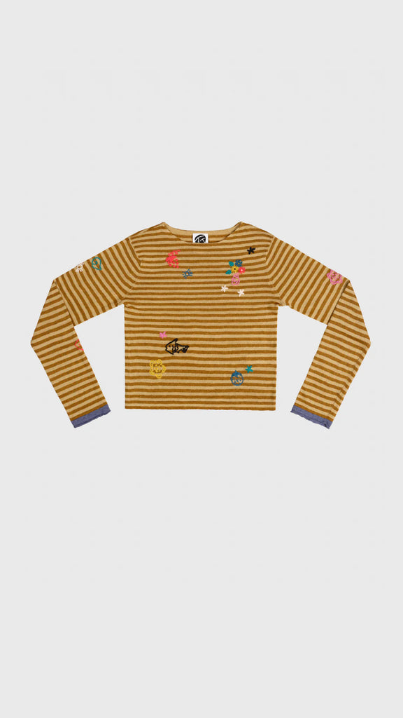 Yanyan Knits Mabo Curious Boatneck Ls Pullover (Stripe) Bark/Sand - OKURA