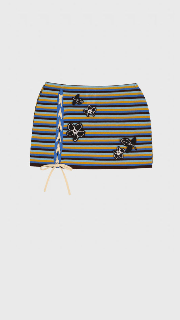 Yanyan Knits Romy Lace Up Flower Mini Skirt Pant Set Blue Multi - OKURA