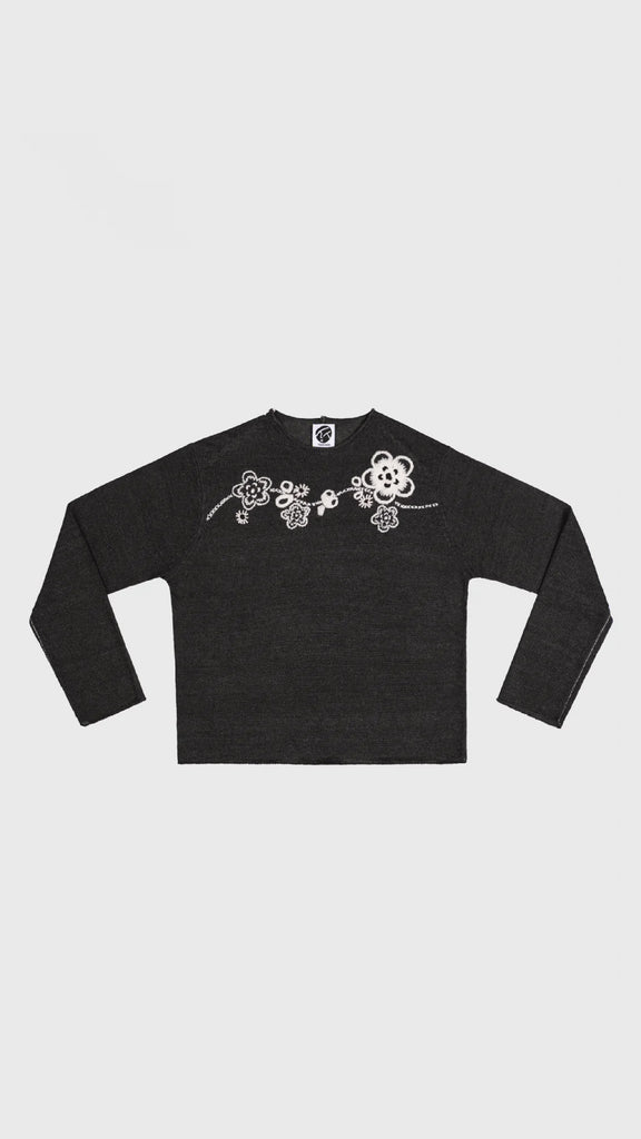 Yanyan Knits Mabo Slouchy Flower Ls Pullover Washed Black - OKURA