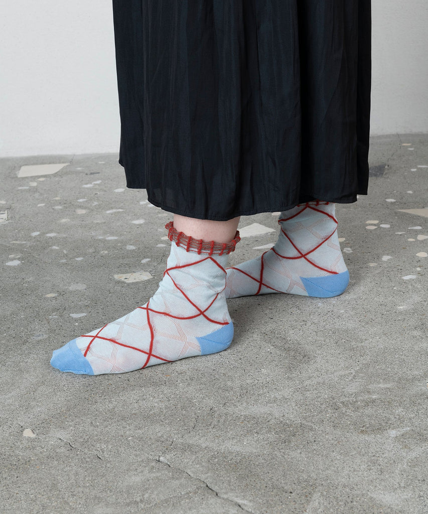 Tricote Cross Plaid Socks L.Blue - OKURA