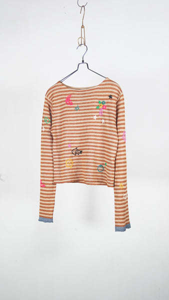 Yanyan Knits Mabo Curious Boatneck Ls Pullover (Stripe) Bark/Sand - OKURA