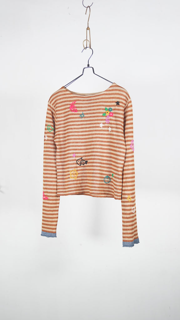 Yanyan Knits Mabo Curious Boatneck Ls Pullover (Stripe) Bark/Sand - OKURA
