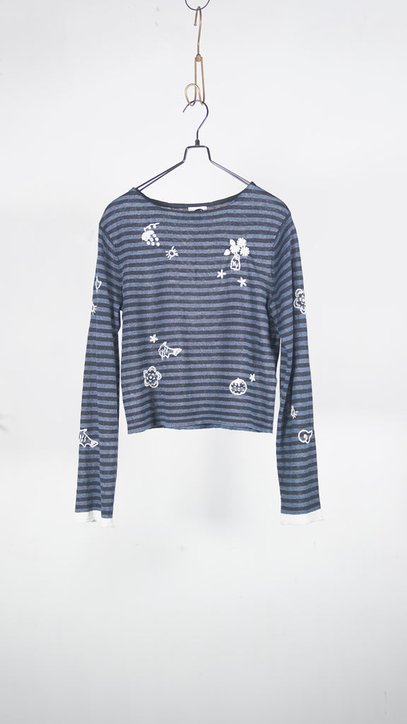 Yanyan Knits Mabo Curious Boatneck Ls Pullover (Stripe) Denim/Ink - OKURA