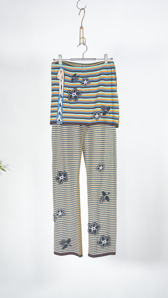 Yanyan Knits Romy Lace Up Flower Mini Skirt Pant Set Blue Multi - OKURA