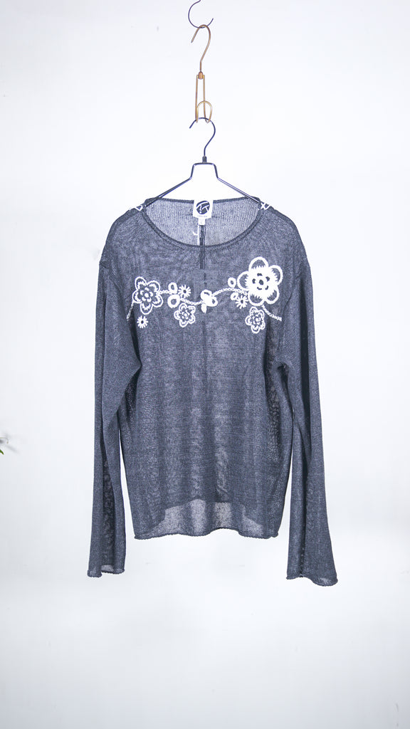 Yanyan Knits Mabo Slouchy Flower Ls Pullover Washed Black - OKURA