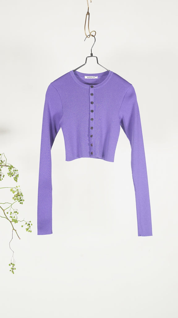 Auralee Women Super Fine Wool High Gauge Rib Knit Short Cardigan Purple - OKURA