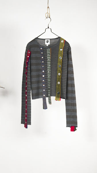 Yanyan Knits Mismatch Multi Placket Cardigan Grey Multi - OKURA