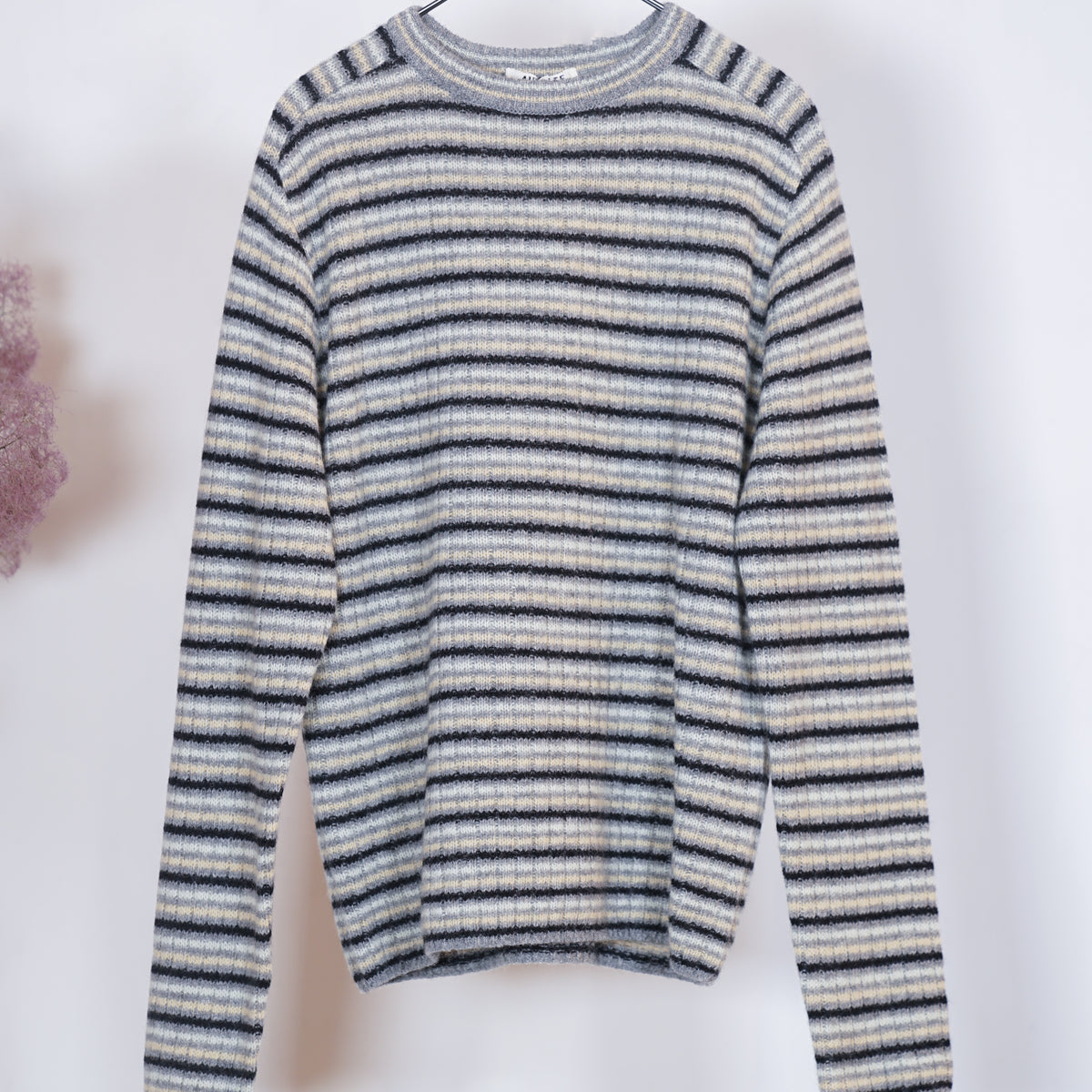 Auralee Men Shetland Wool Cashmere Rib Knit P/O Gray Stripe – OKURA