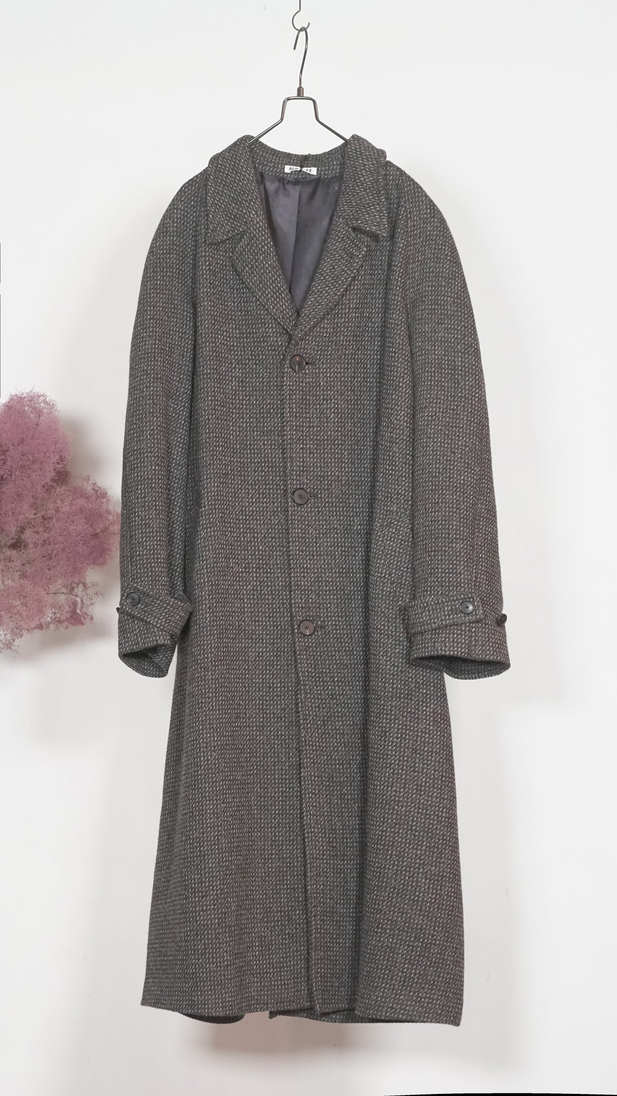 Auralee Men Alpaca Wool Silk Tweed Soutien Collar Coat Gray Brown