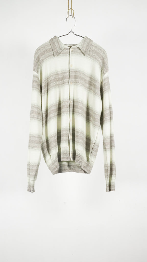 Auralee Men Cotton Silk Gradient Stripe Knit Shirt Cardigan Lime Gray Stripe - OKURA