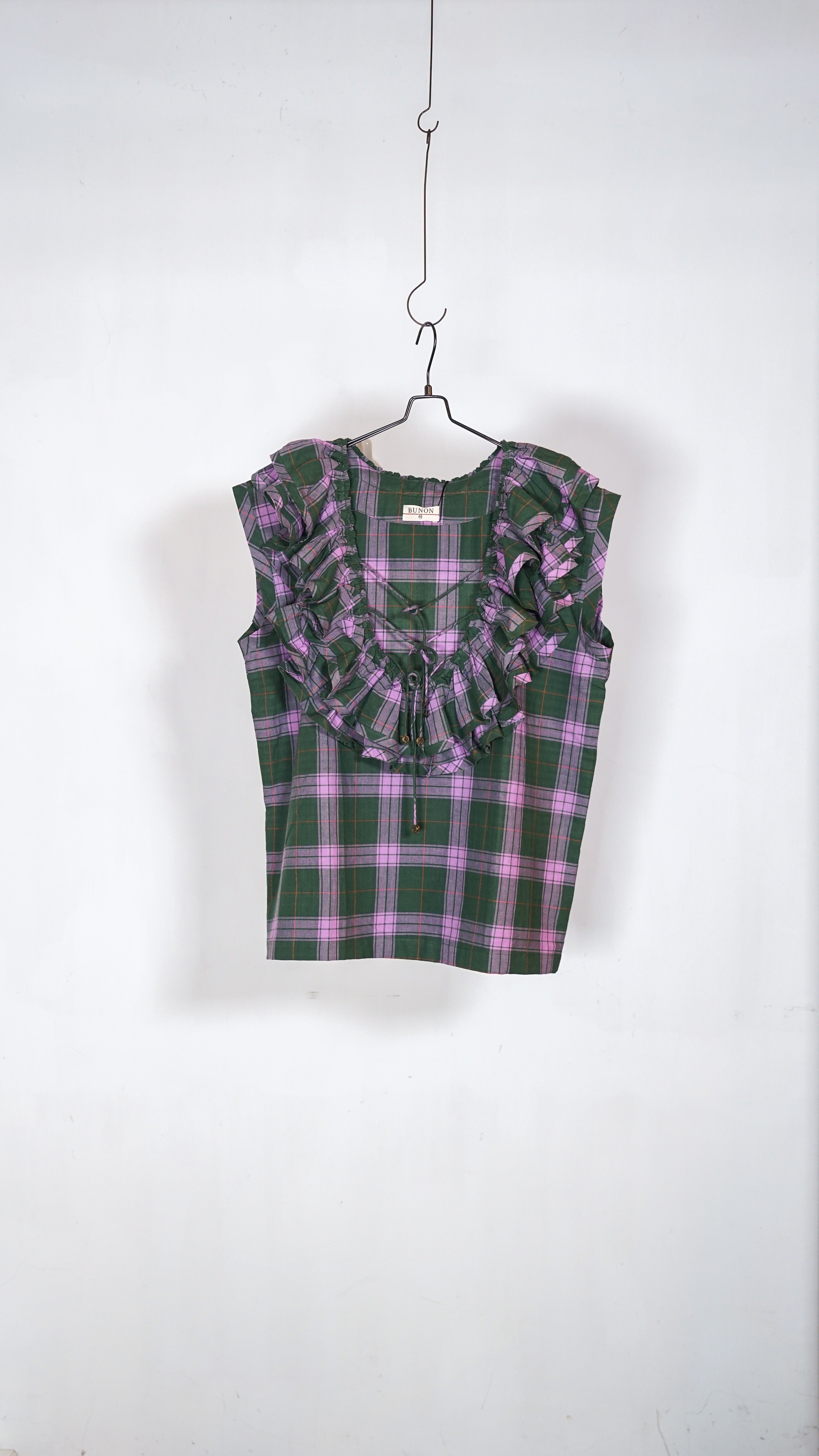 Bunon Ruffle Ribbon Blouse - Khadi Cotton Madras Check Musk Green 