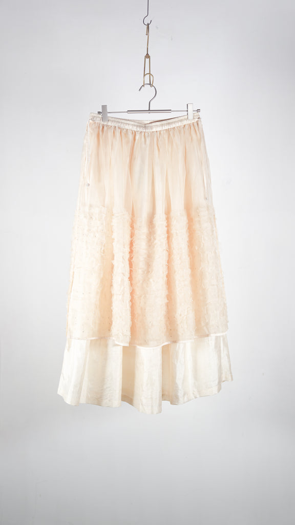 Bunon Embroidery Layered Skirt - Khadi Silk Organdy & Embroidery Ecru - OKURA