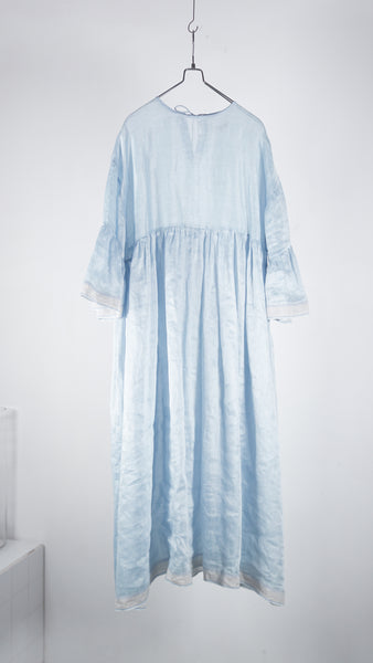 Bunon Wide Sleeve Frill Dress - Khadi Linen Silk D.Blue - OKURA