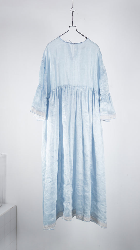 Bunon Wide Sleeve Frill Dress - Khadi Linen Silk D.Blue - OKURA