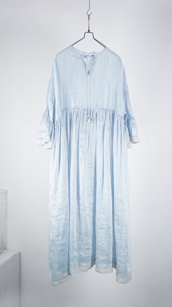 Bunon Wide Sleeve Frill Dress - Khadi Linen Silk D.Blue - OKURA