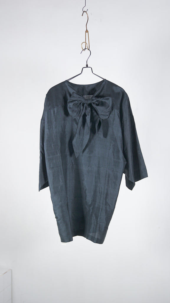Bunon Ribbon Big Blouse - Khadi Silk Charcoal - OKURA