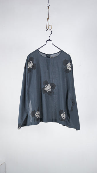 Bunon Embroidery Blouse - Khadi 100/ Cotton Bubble Flower Print & Embroidery Charcoal - OKURA