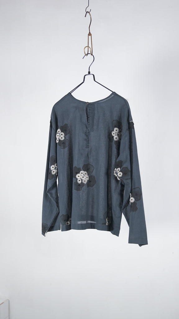 Bunon Embroidery Blouse - Khadi 100/ Cotton Bubble Flower Print & Embroidery Charcoal - OKURA