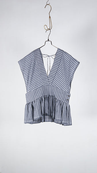 Bunon Gingham Ribbon Gilet - Khadi Linen Cotton Gingham Check Charcoal - OKURA