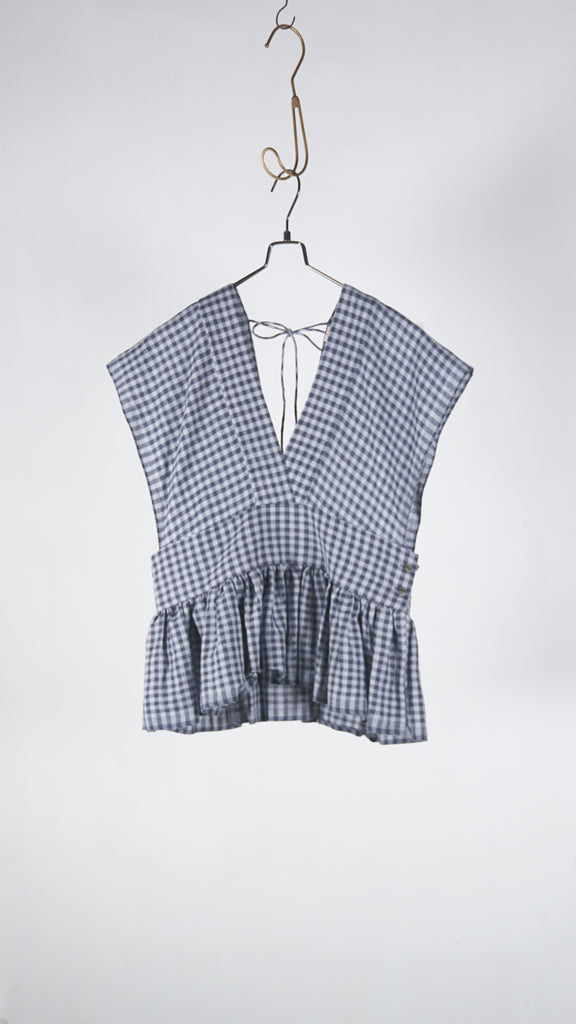 Bunon Gingham Ribbon Gilet - Khadi Linen Cotton Gingham Check Charcoal - OKURA