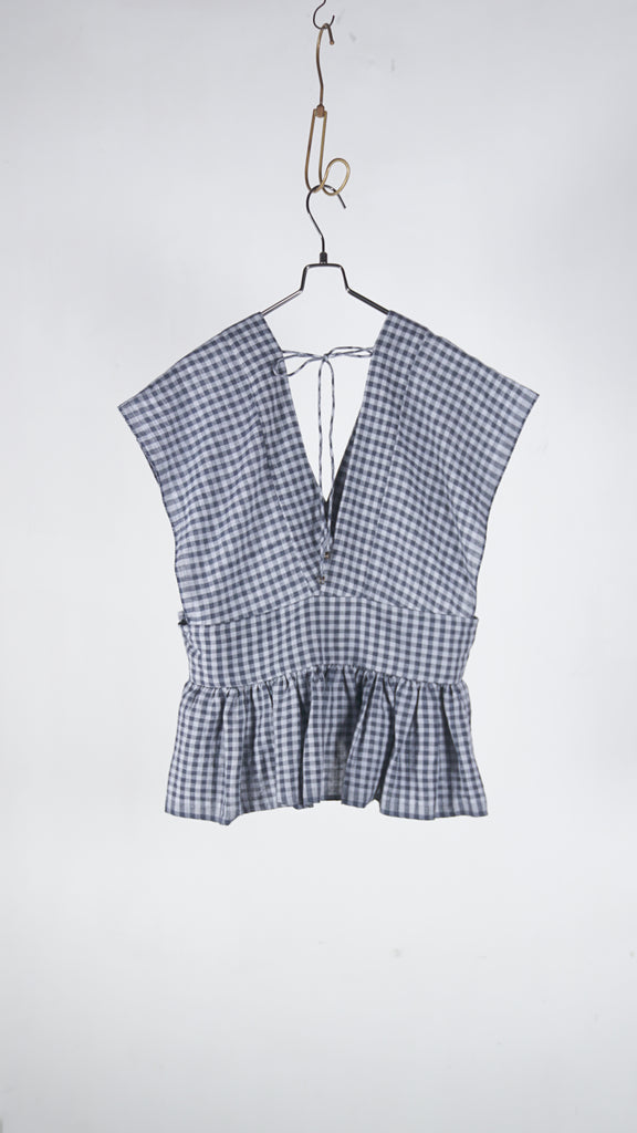 Bunon Gingham Ribbon Gilet - Khadi Linen Cotton Gingham Check Charcoal - OKURA