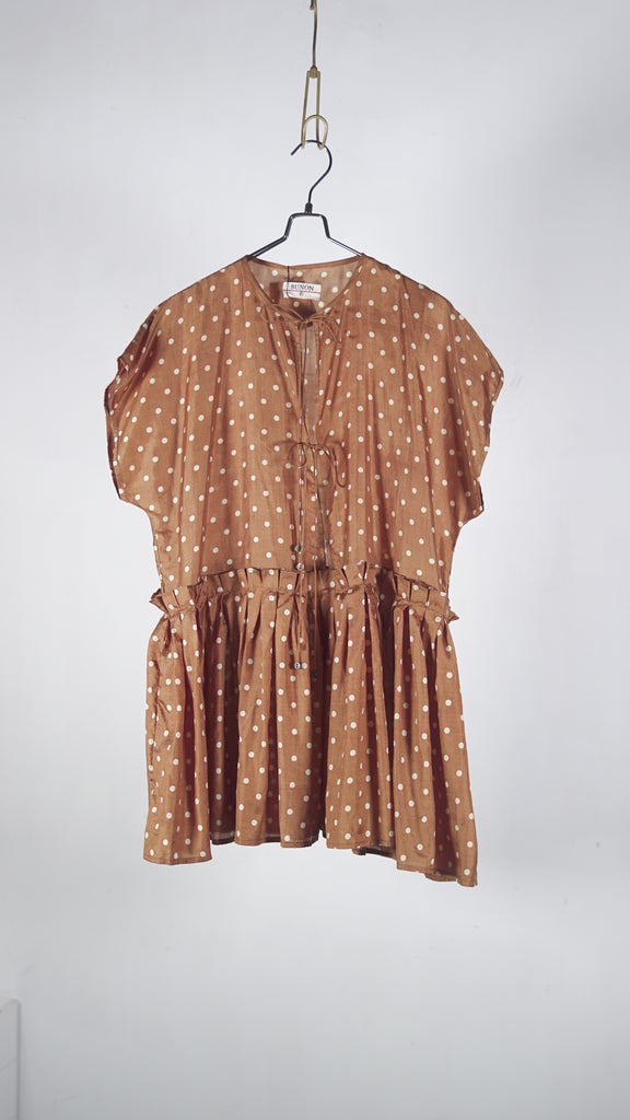 Bunon Layered Blouse - Khadi Silk Polka Dots Print Brown - OKURA