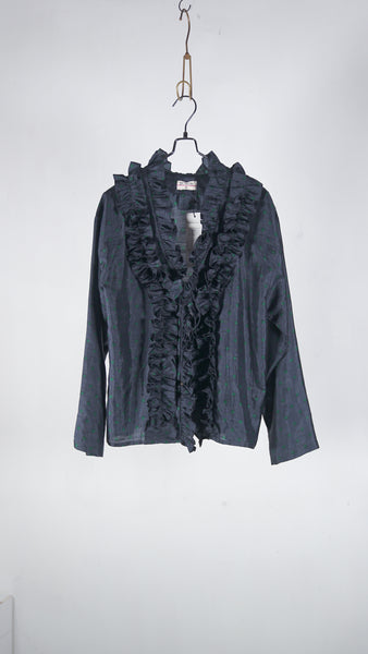 Bunon Frill Cape - Khadi Silk Polka Dots Print Charcoal - OKURA