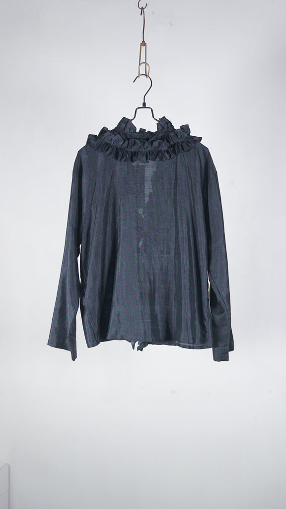 Bunon Frill Cape - Khadi Silk Polka Dots Print Charcoal - OKURA