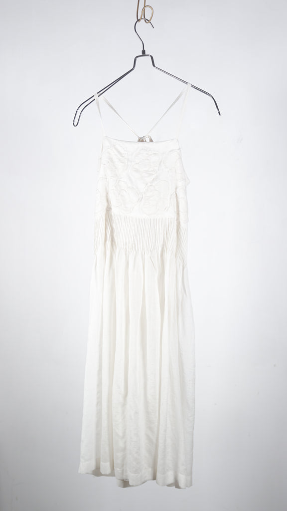 Bunon Flower Ribbon Skirt - Khadi Cotton Silk Flower Embroidery B.White - OKURA