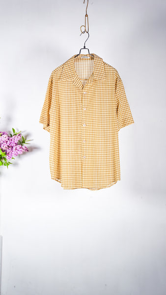 Auralee Men Airy Light Cotton Check Half Sleeved Shirt  Mustard Gingham Check - OKURA
