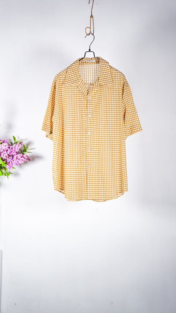Auralee Men Airy Light Cotton Check Half Sleeved Shirt  Mustard Gingham Check - OKURA