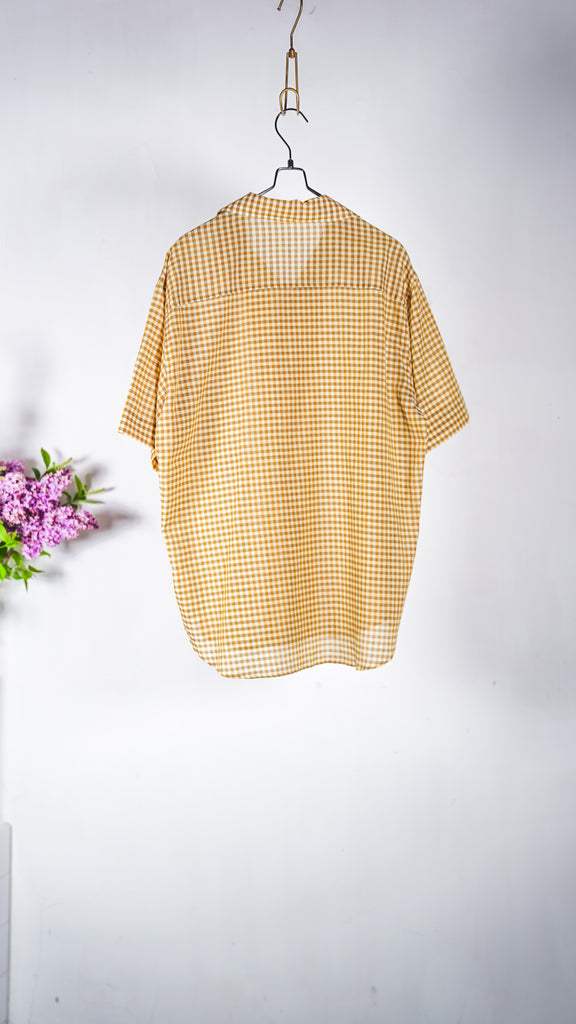 Auralee Men Airy Light Cotton Check Half Sleeved Shirt  Mustard Gingham Check - OKURA