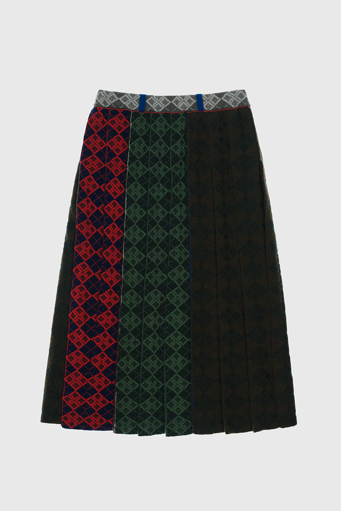 Yanyan Knits Argyle Midi Pleated Skirt Brown/ Green Multi - OKURA