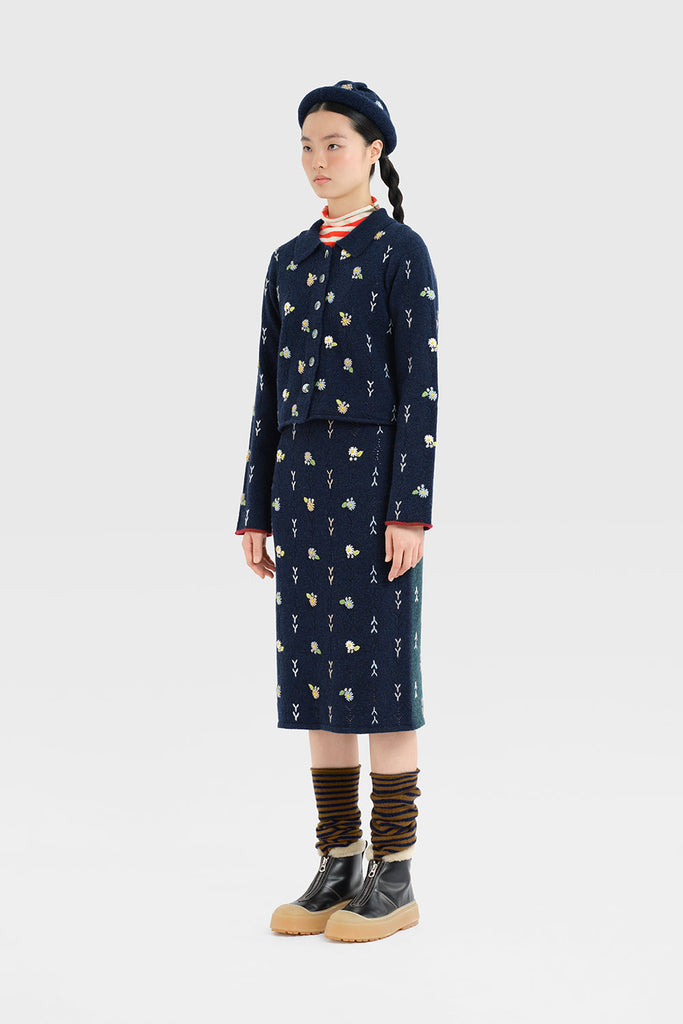 Yanyan Knits Daisy Knee Length Skirt With Lining Navy - OKURA