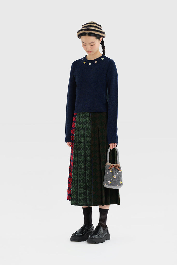 Yanyan Knits Argyle Midi Pleated Skirt Brown/ Green Multi - OKURA