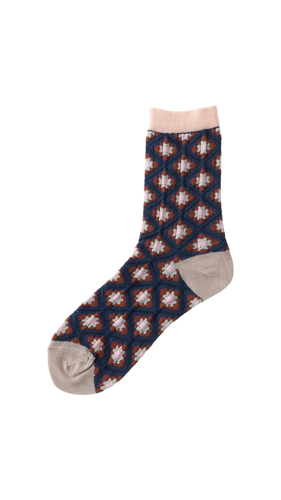 Tricote Sheer Mosaic Tile Pattern Socks Navy - OKURA