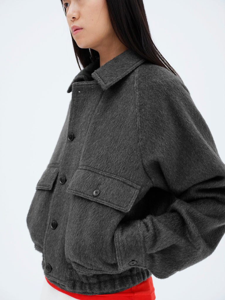 Auralee Women Hairy Wool Mohair Chambray Blouson Dark Gray - OKURA